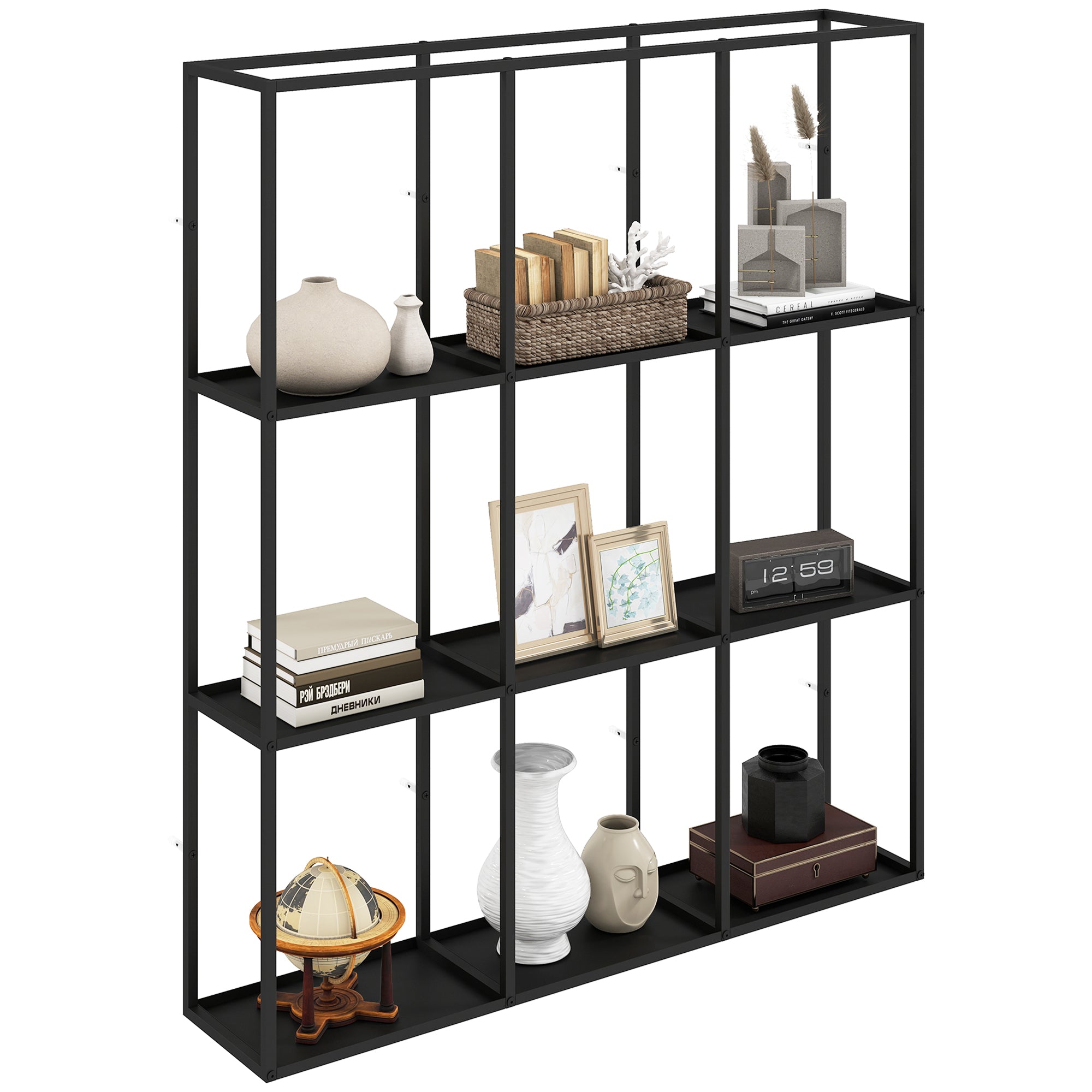 Industrial 9-Compartment Wall Shelf — Modular Metal Display Shelf for Collectibles & Home Decor, Black