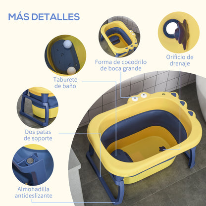Foldable Baby Bathtub for 0-6 Years Capacity 105L 75.3x55.4x43 cm Portable Kids Bathtub with Non-Slip Feet and Drain Hole Load 50 kg Yellow and Blue