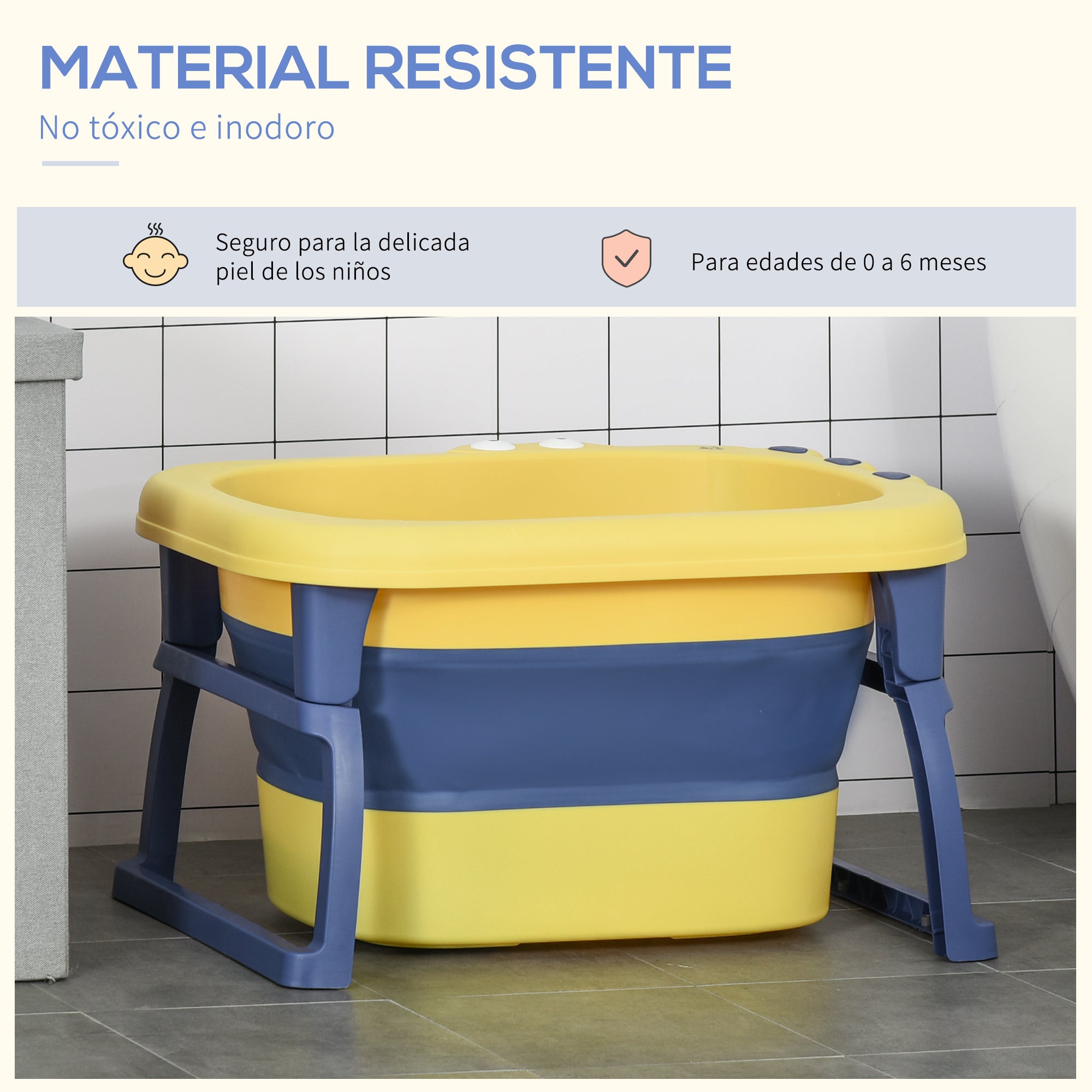 Foldable Baby Bathtub for 0-6 Years Capacity 105L 75.3x55.4x43 cm Portable Kids Bathtub with Non-Slip Feet and Drain Hole Load 50 kg Yellow and Blue
