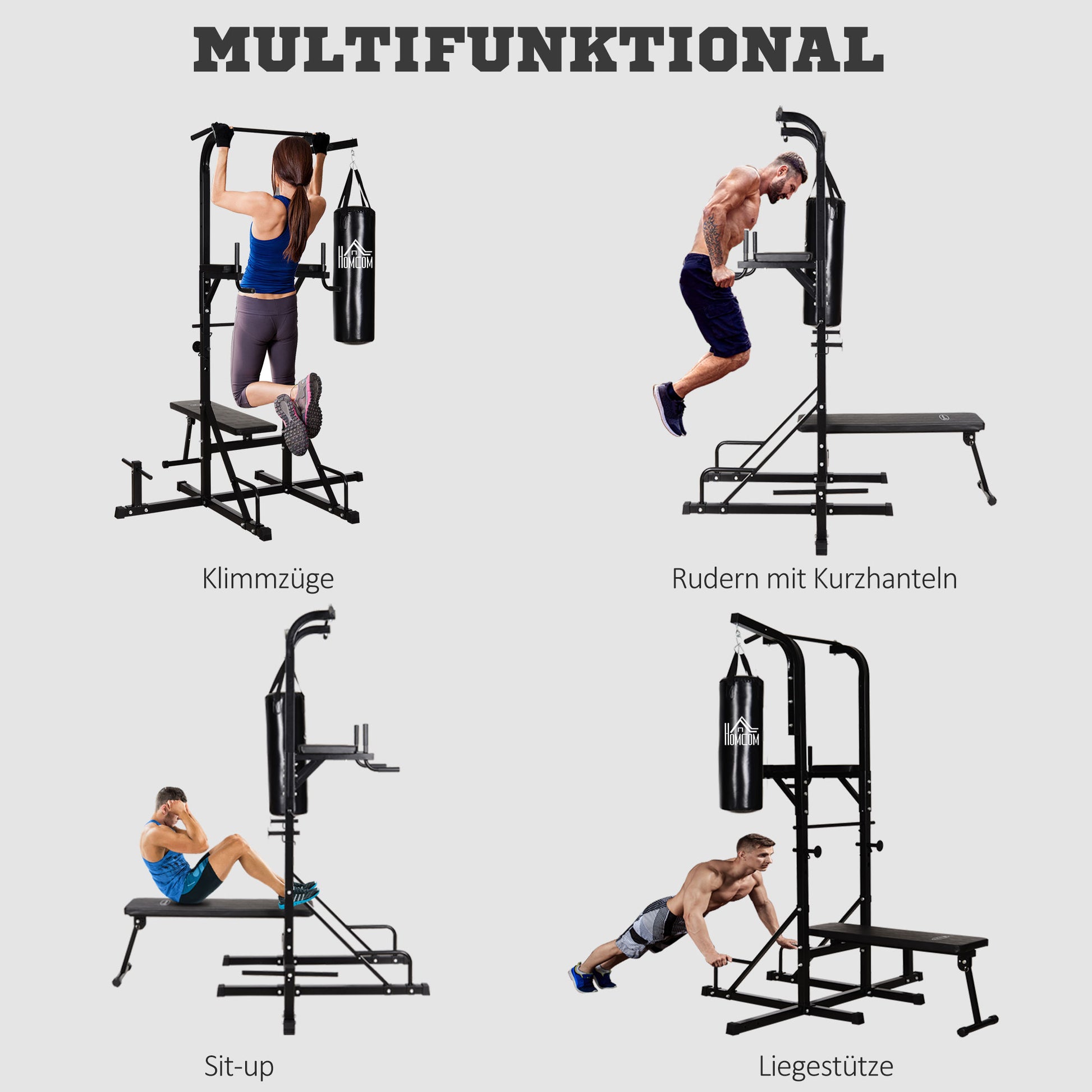 Power Station with Pull-Up Bar, Multifunctional Dip Station, Home Workout Equipment, with Punching Bag, Fitness, Steel, Black, 180 x 183 x 219 cm