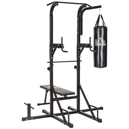 Power Station with Pull-Up Bar, Multifunctional Dip Station, Home Workout Equipment, with Punching Bag, Fitness, Steel, Black, 180 x 183 x 219 cm