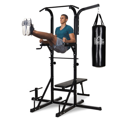 Power Station with Pull-Up Bar, Multifunctional Dip Station, Home Workout Equipment, with Punching Bag, Fitness, Steel, Black, 180 x 183 x 219 cm