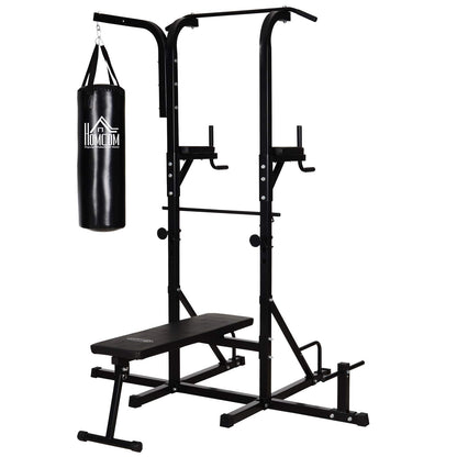 Power Station with Pull-Up Bar, Multifunctional Dip Station, Home Workout Equipment, with Punching Bag, Fitness, Steel, Black, 180 x 183 x 219 cm