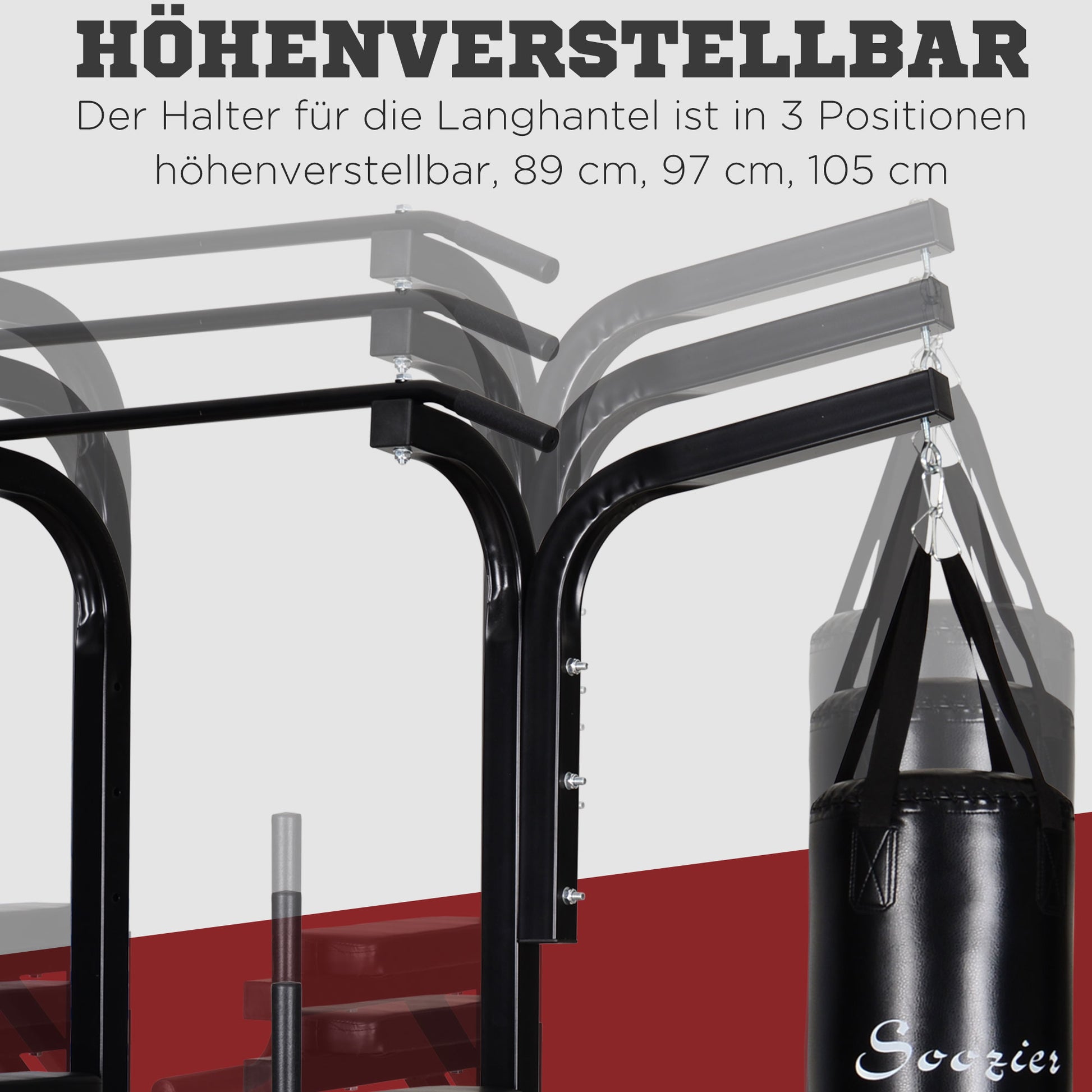 Power Station with Pull-Up Bar, Multifunctional Dip Station, Home Workout Equipment, with Punching Bag, Fitness, Steel, Black, 180 x 183 x 219 cm