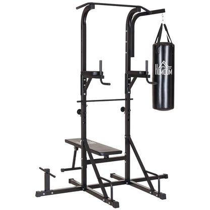 Power Station with Pull-Up Bar, Multifunctional Dip Station, Home Workout Equipment, with Punching Bag, Fitness, Steel, Black, 180 x 183 x 219 cm