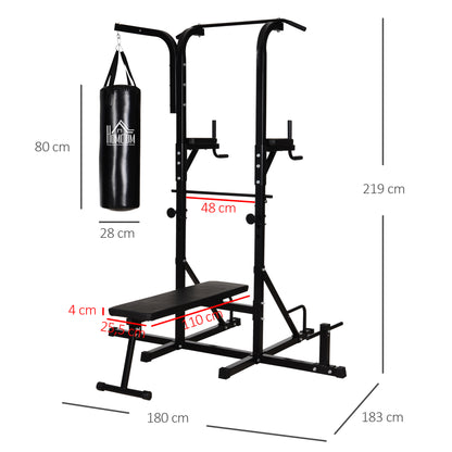 Power Station with Pull-Up Bar, Multifunctional Dip Station, Home Workout Equipment, with Punching Bag, Fitness, Steel, Black, 180 x 183 x 219 cm