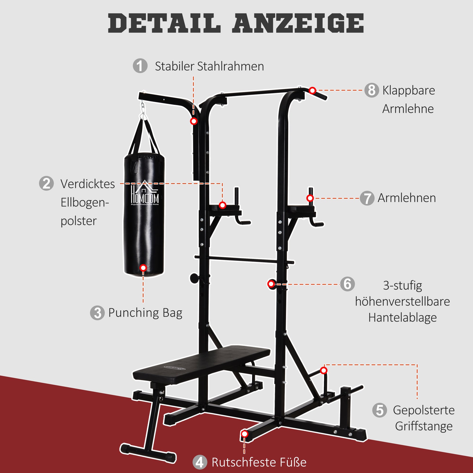 Power Station with Pull-Up Bar, Multifunctional Dip Station, Home Workout Equipment, with Punching Bag, Fitness, Steel, Black, 180 x 183 x 219 cm
