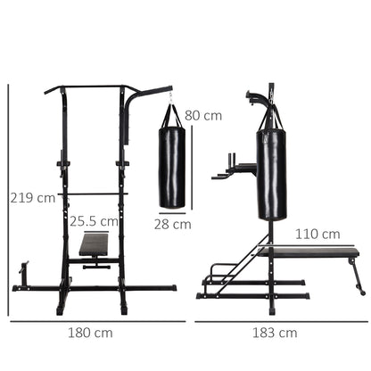Power Station with Pull-Up Bar, Multifunctional Dip Station, Home Workout Equipment, with Punching Bag, Fitness, Steel, Black, 180 x 183 x 219 cm