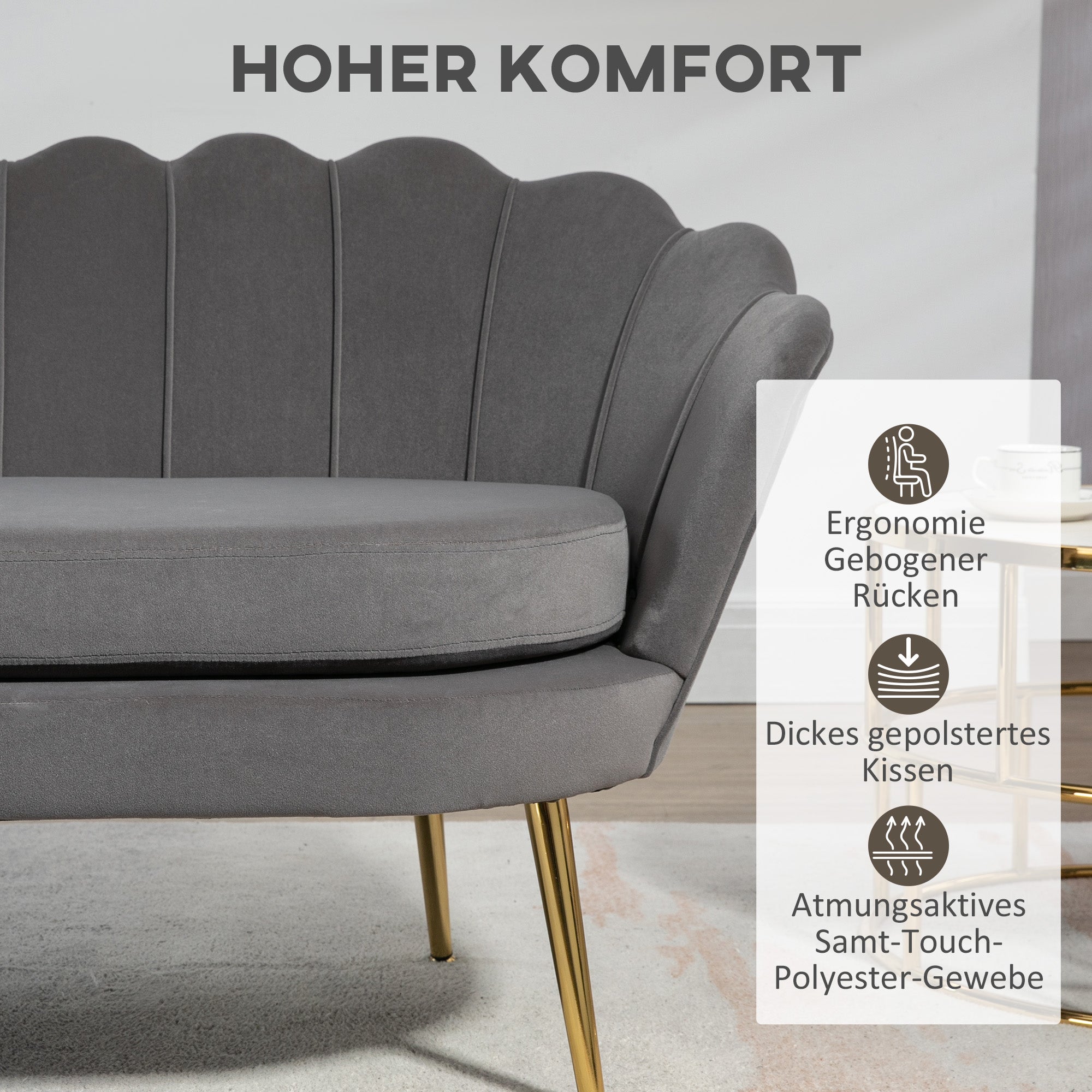 2-Seater Fabric Sofa Two-Seater Lounge Sofa with Soft and Generous Cushions Upholstered Sofa Seating Furniture Upholstered Furniture Design Sofa Elegant Velvet Polyester Grey 133 x 63 x 75 cm