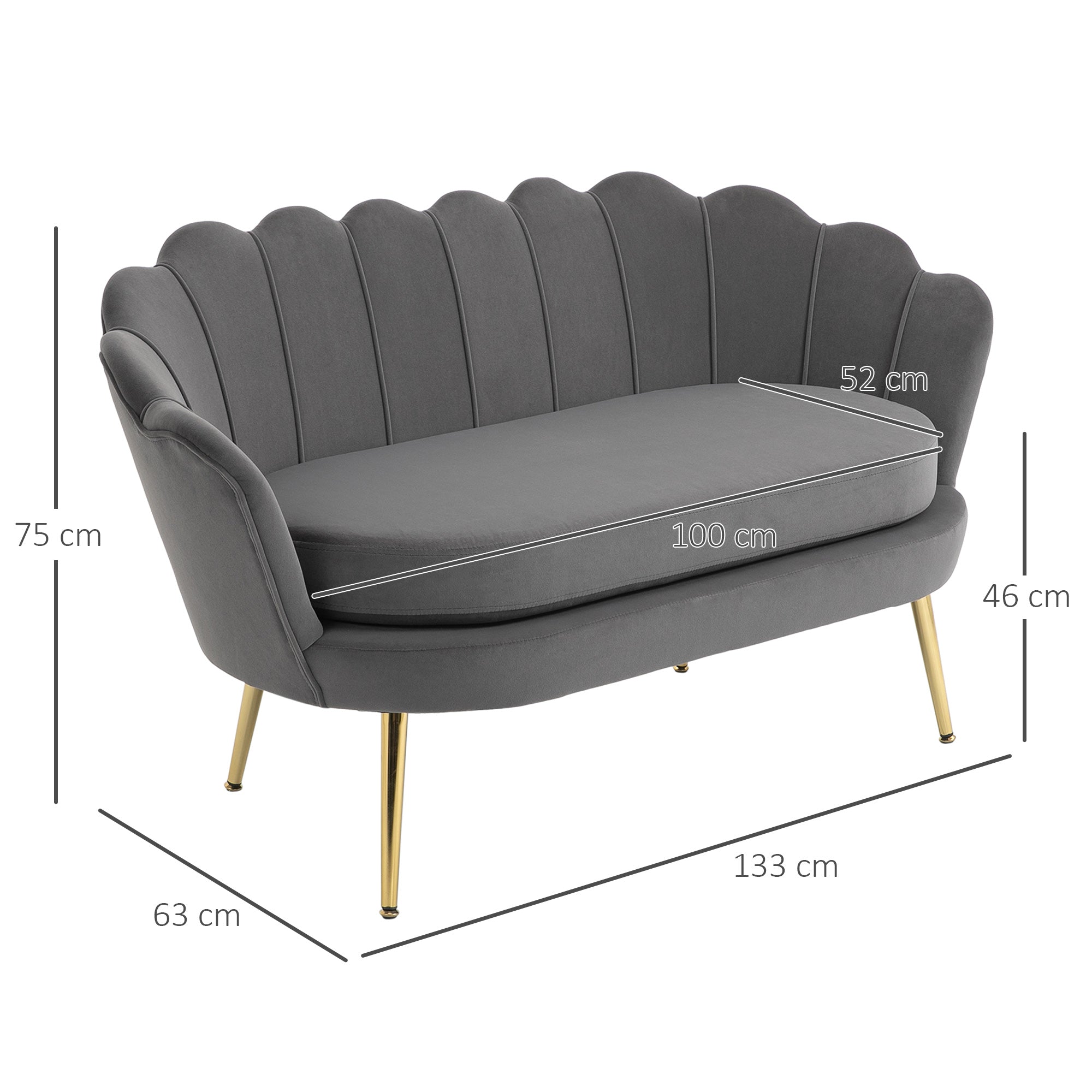 2-Seater Fabric Sofa Two-Seater Lounge Sofa with Soft and Generous Cushions Upholstered Sofa Seating Furniture Upholstered Furniture Design Sofa Elegant Velvet Polyester Grey 133 x 63 x 75 cm