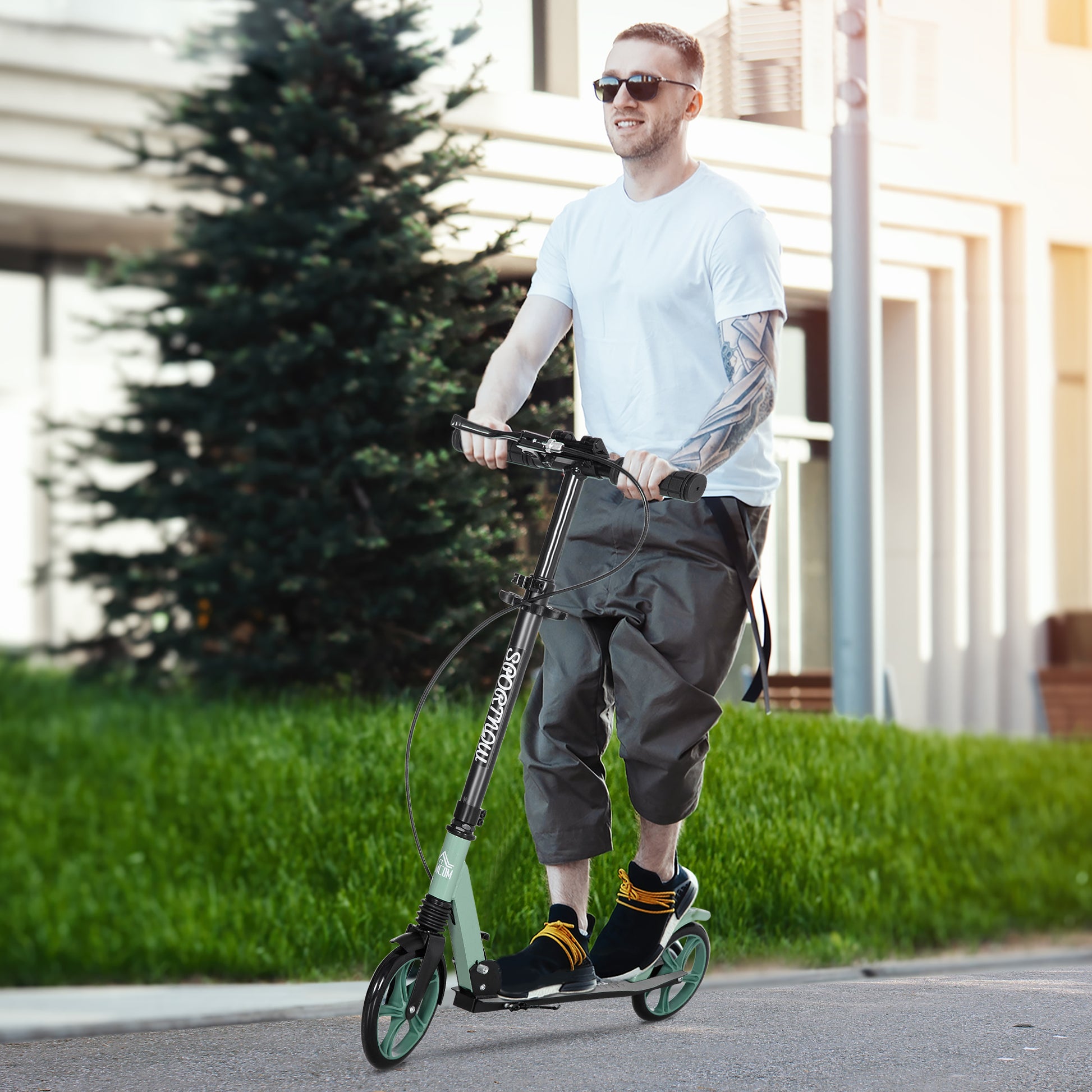 Folding Scooter for Adults and Kids 14+ Lightweight Scooter with Adjustable Handlebar Large Ø200 mm Wheels Shock Absorber and Brake Aluminum Load 100 kg 91.5x36.5x91-104 cm Green