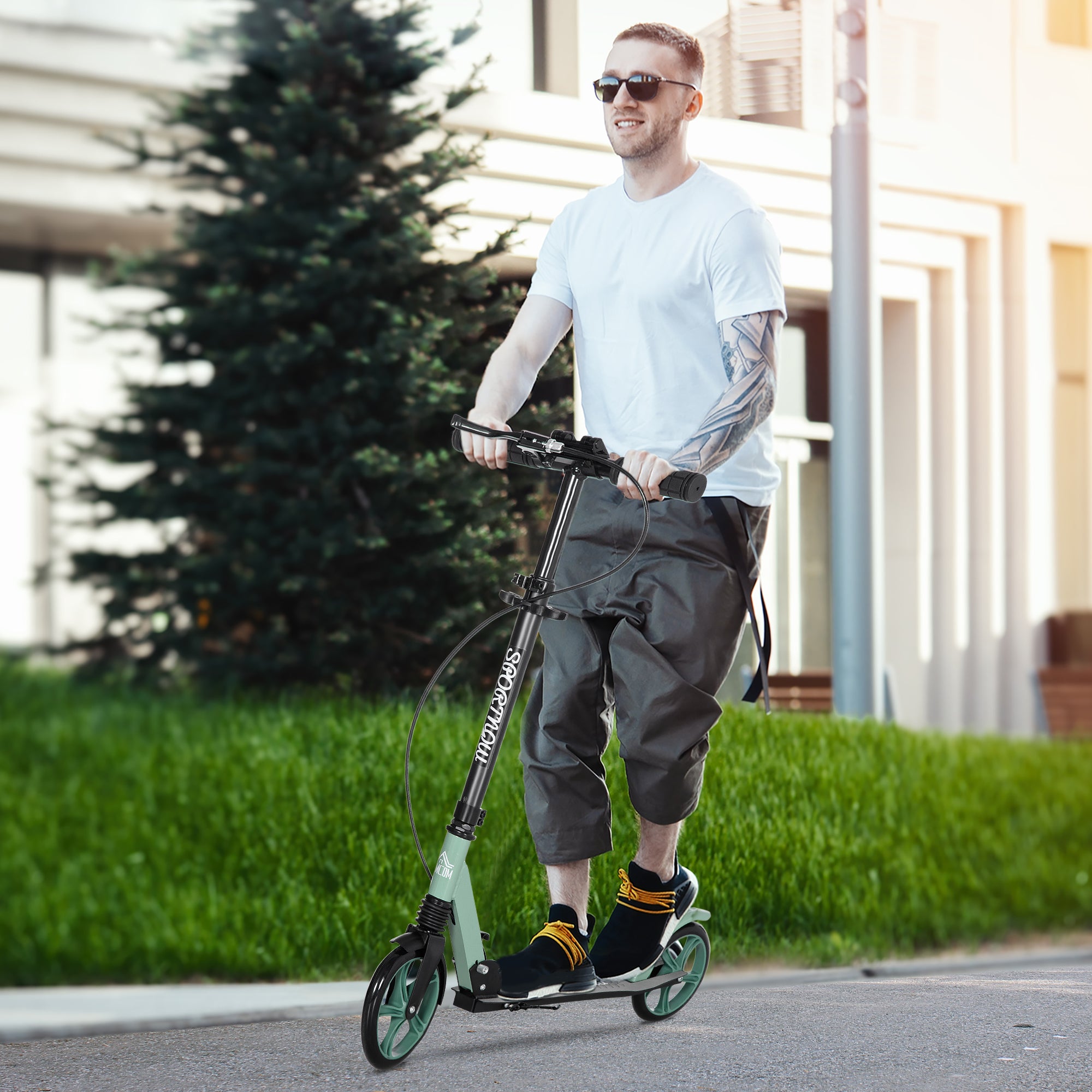 Folding Scooter for Adults and Kids 14+ Lightweight Scooter with Adjustable Handlebar Large Ø200 mm Wheels Shock Absorber and Brake Aluminum Load 100 kg 91.5x36.5x91-104 cm Green