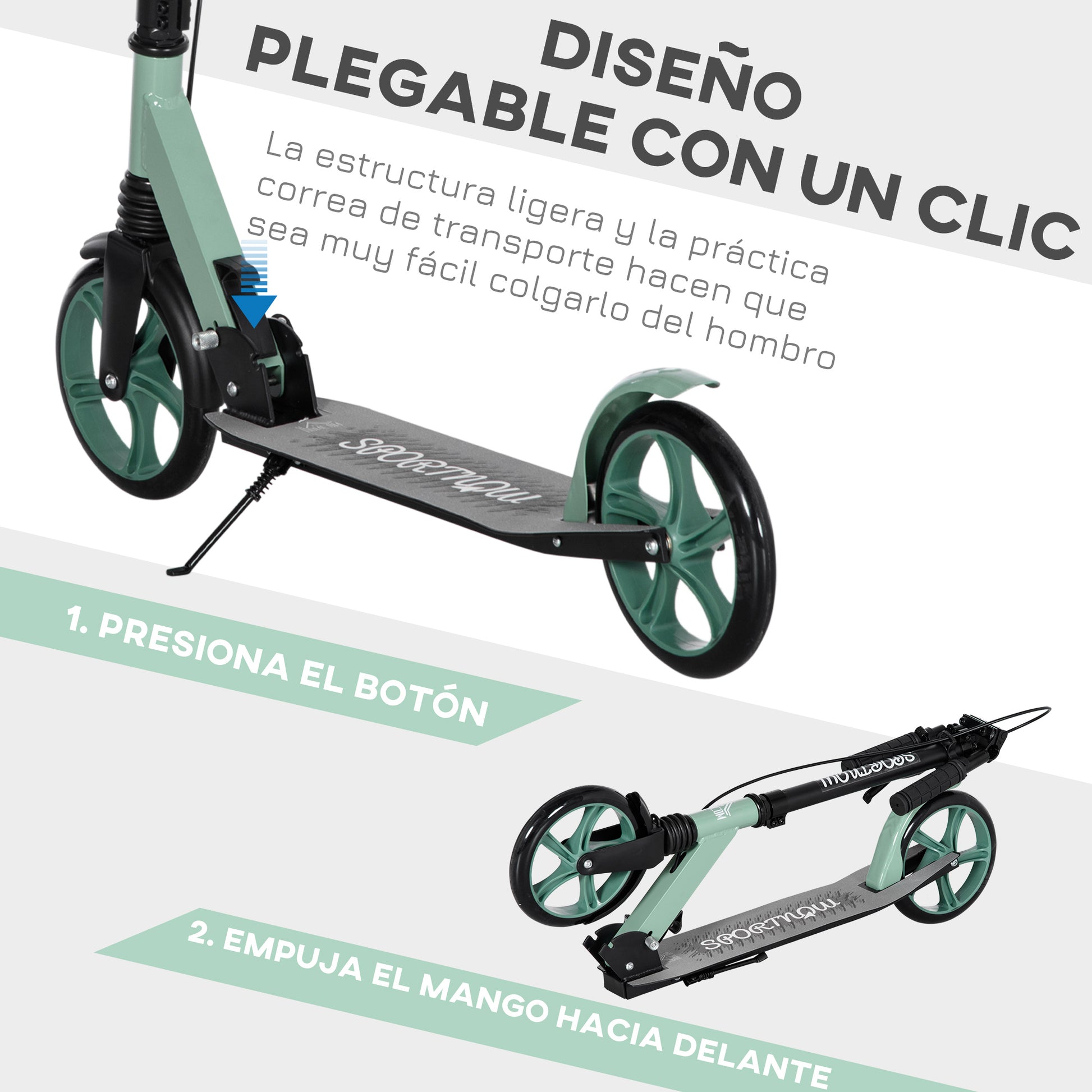 Folding Scooter for Adults and Kids 14+ Lightweight Scooter with Adjustable Handlebar Large Ø200 mm Wheels Shock Absorber and Brake Aluminum Load 100 kg 91.5x36.5x91-104 cm Green