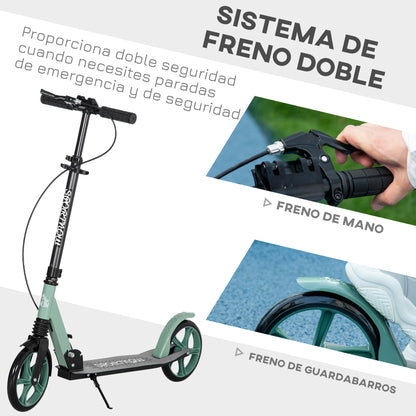 Folding Scooter for Adults and Kids 14+ Lightweight Scooter with Adjustable Handlebar Large Ø200 mm Wheels Shock Absorber and Brake Aluminum Load 100 kg 91.5x36.5x91-104 cm Green