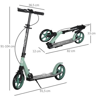 Folding Scooter for Adults and Kids 14+ Lightweight Scooter with Adjustable Handlebar Large Ø200 mm Wheels Shock Absorber and Brake Aluminum Load 100 kg 91.5x36.5x91-104 cm Green