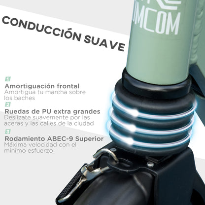 Folding Scooter for Adults and Kids 14+ Lightweight Scooter with Adjustable Handlebar Large Ø200 mm Wheels Shock Absorber and Brake Aluminum Load 100 kg 91.5x36.5x91-104 cm Green