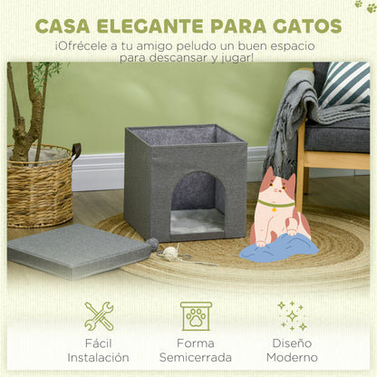 Cat House Cat Bed Cat Cottage with Scratching Board and Indoor Door 14.4x14.4x14.4 inches Gray