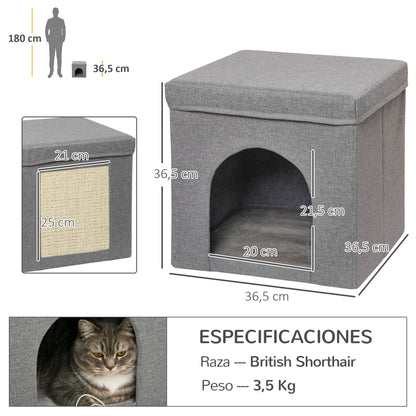 Cat House Cat Bed Cat Cottage with Scratching Board and Indoor Door 14.4x14.4x14.4 inches Gray