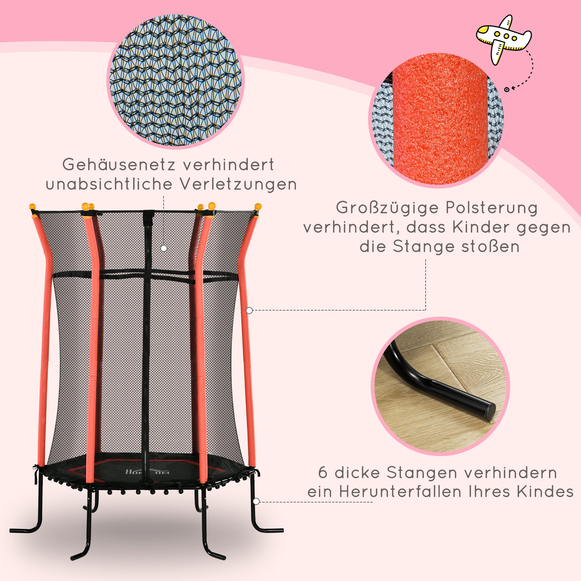 Kids Trampoline Ø163.5 cm, Indoor Trampoline with Safety Net Edge Cover Bungee, Children's Trampoline up to 50 kg, for Kids 3-10 years Red