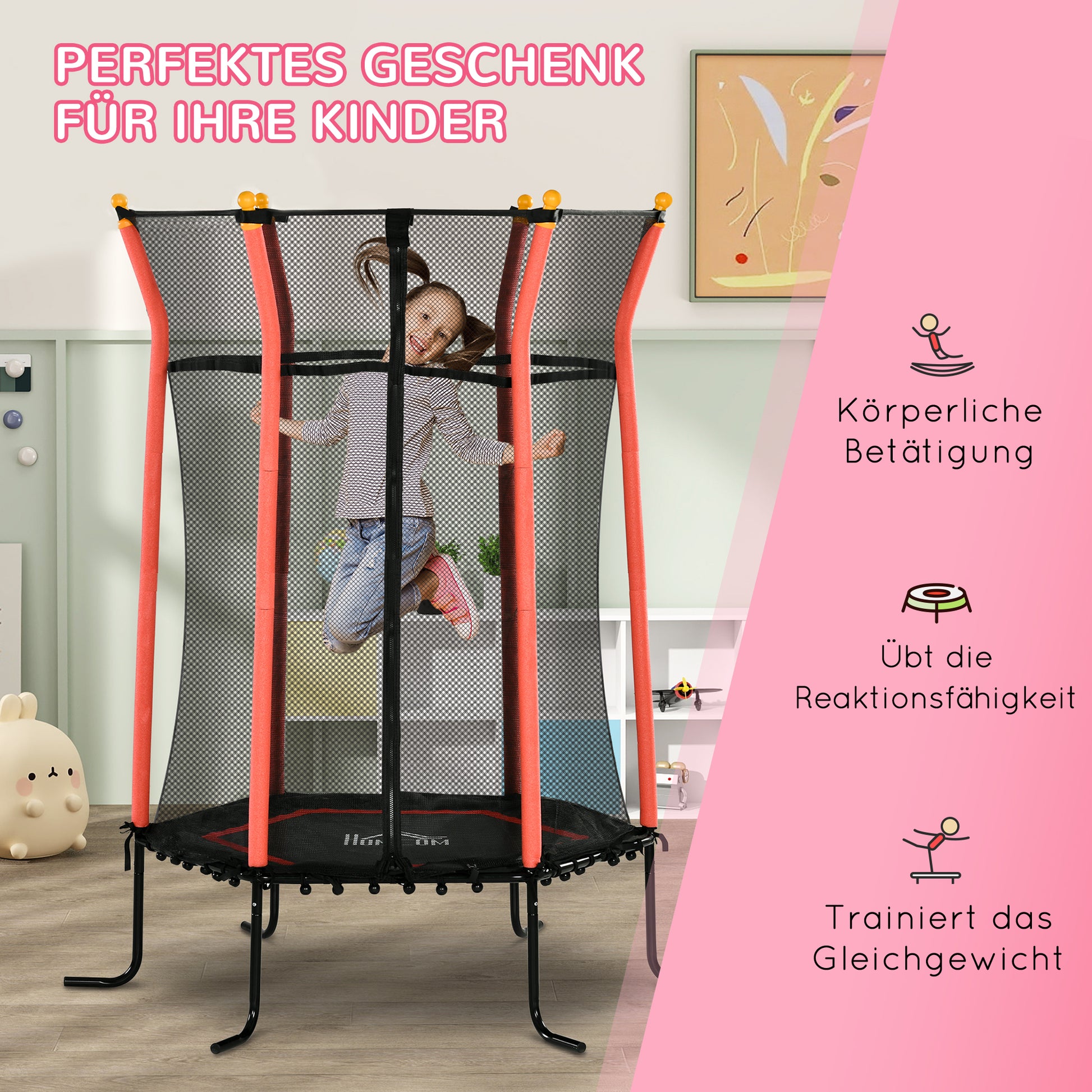 Kids Trampoline Ø163.5 cm, Indoor Trampoline with Safety Net Edge Cover Bungee, Children's Trampoline up to 50 kg, for Kids 3-10 years Red