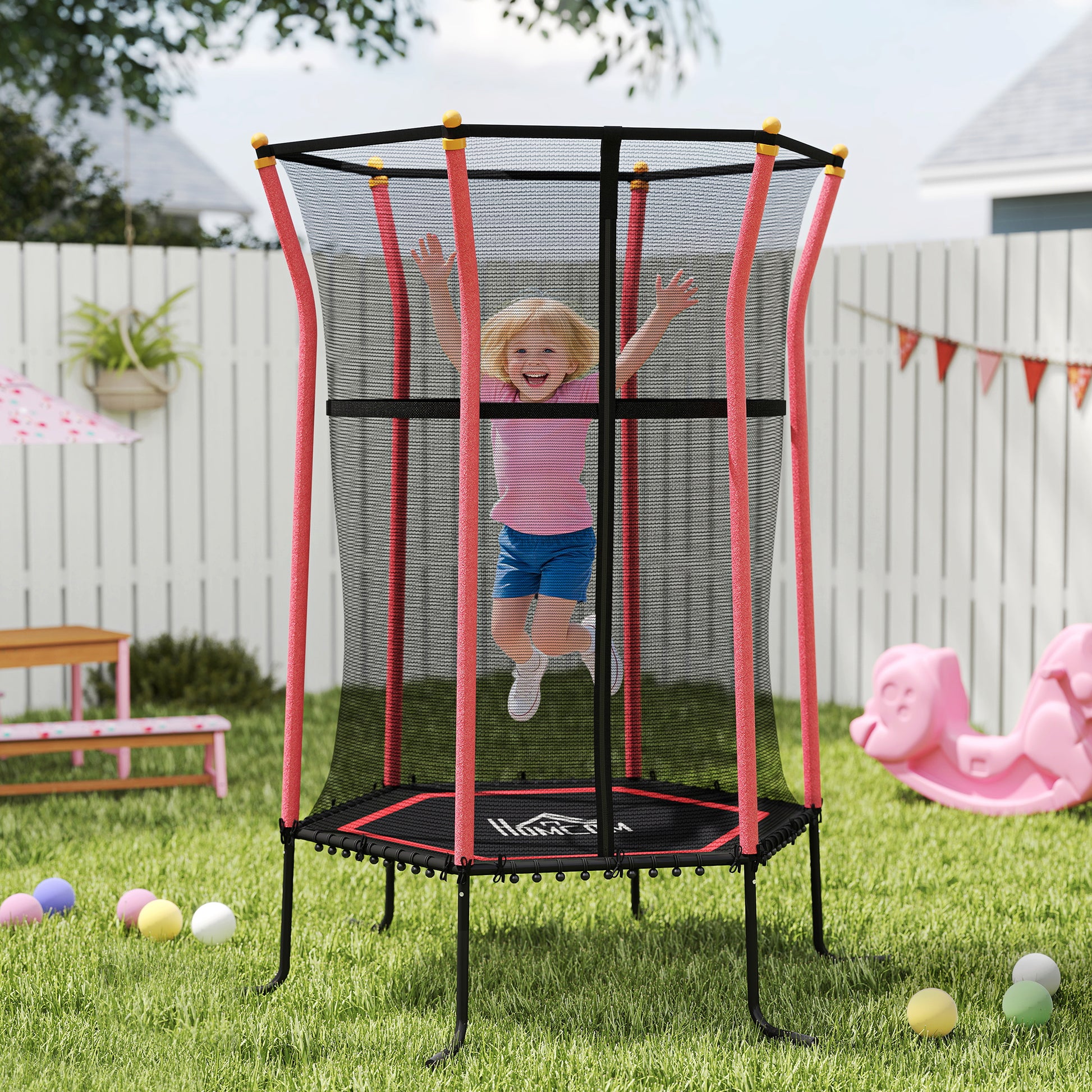 Kids Trampoline Ø163.5 cm, Indoor Trampoline with Safety Net Edge Cover Bungee, Children's Trampoline up to 50 kg, for Kids 3-10 years Red