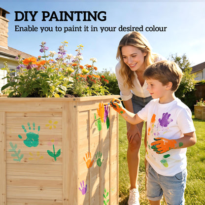 Wooden Raised Garden Bed, 152 x 77 x 77 cm, Elevated Deep Herb Planter with Open Bottom and Reinforcement Bars, Natural Finish