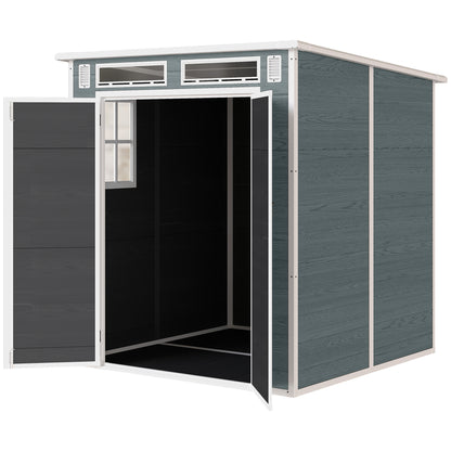6 x 6 ft Wood-Effect Plastic Garden Shed with Floor, Three Windows, Lockable Doors & Vents, Gray