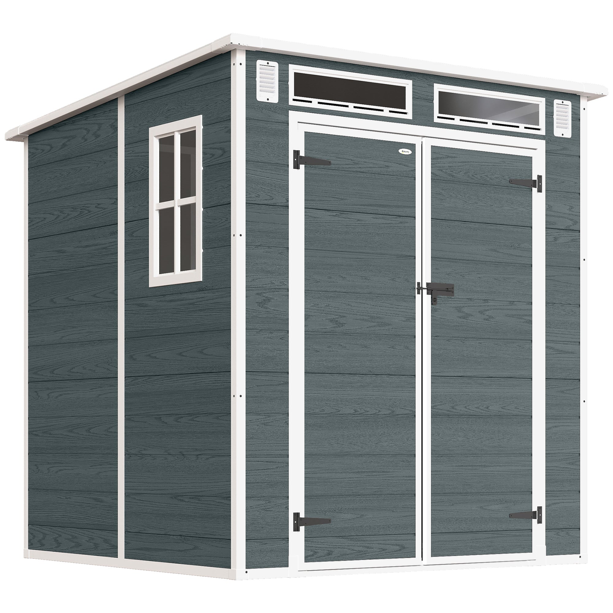 6 x 6 ft Wood-Effect Plastic Garden Shed with Floor, Three Windows, Lockable Doors & Vents, Gray