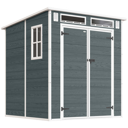 6 x 6 ft Wood-Effect Plastic Garden Shed with Floor, Three Windows, Lockable Doors & Vents, Gray