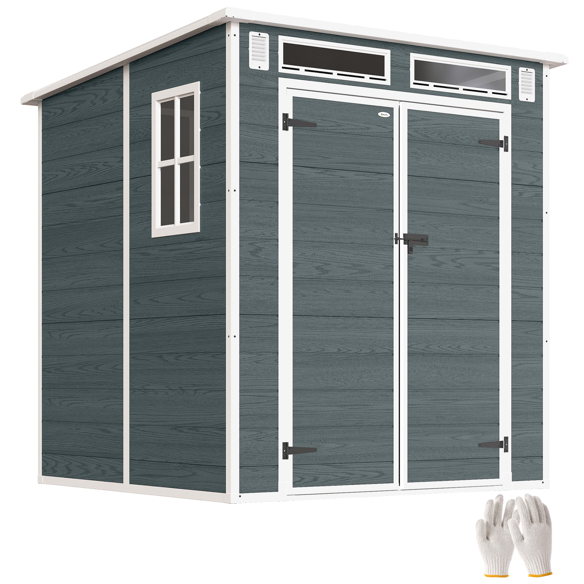 6 x 6 ft Wood-Effect Plastic Garden Shed with Floor, Three Windows, Lockable Doors & Vents, Gray