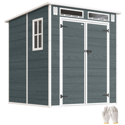 6 x 6 ft Wood-Effect Plastic Garden Shed with Floor, Three Windows, Lockable Doors & Vents, Gray