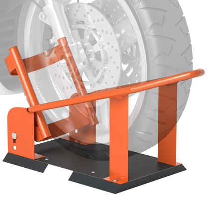 Motorcycle Front Wheel Chock, Adjustable for 15–21 in Wheels, Fits 3–8 in Tire Width, 1,800 lb Capacity, Steel Mounting Stand, Orange