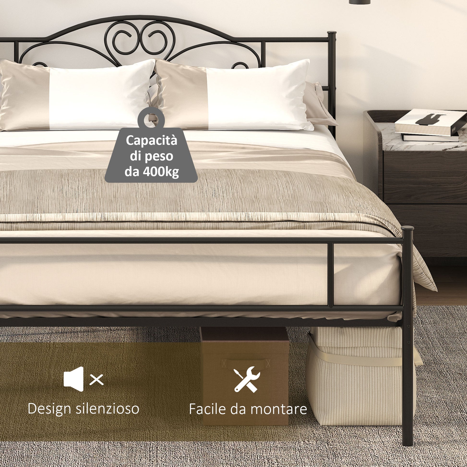 Steel Double Bed Frame 160x200cm with Integrated Slats, Headboard and Footboard, Underbed Storage, Black