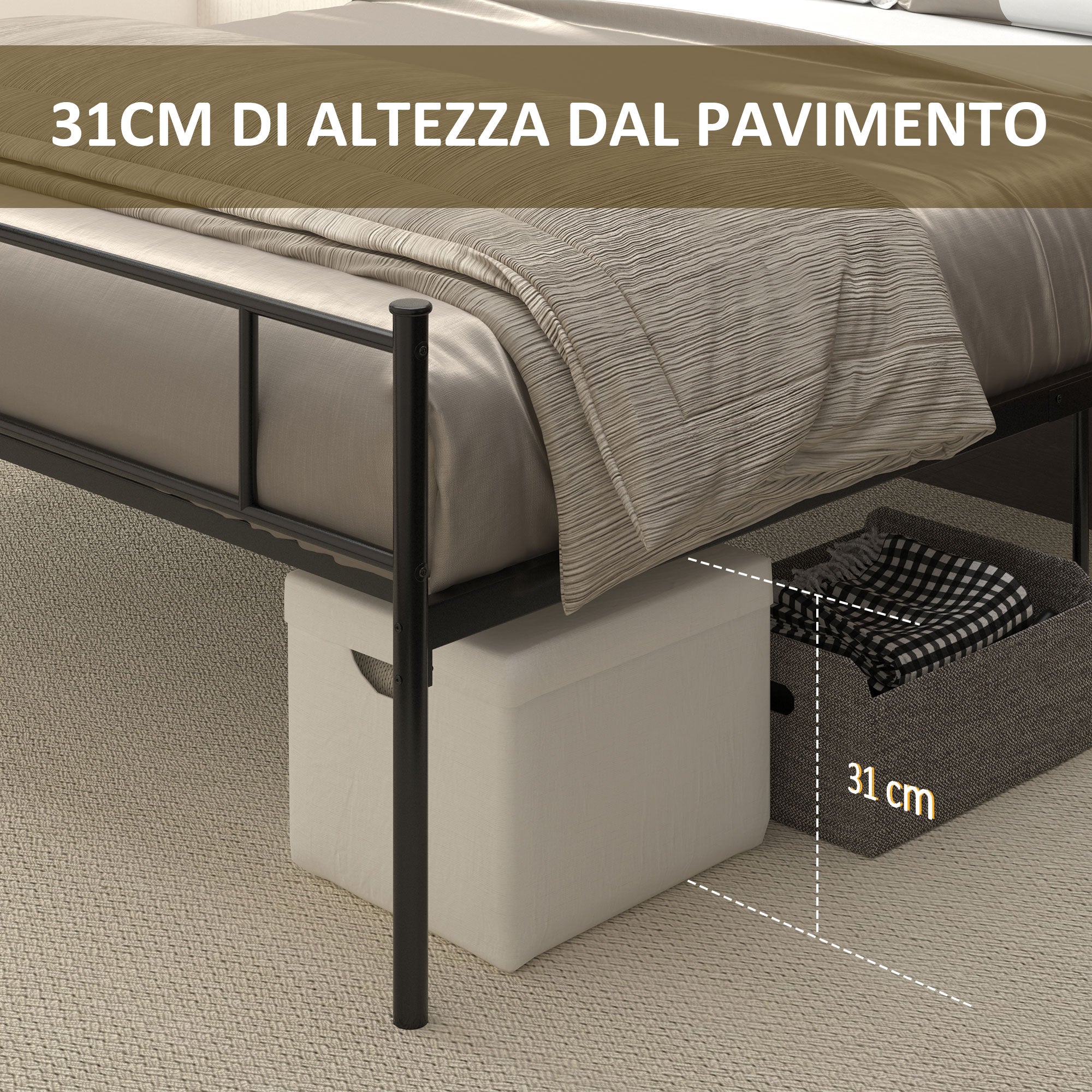 Steel Double Bed Frame 160x200cm with Integrated Slats, Headboard and Footboard, Underbed Storage, Black