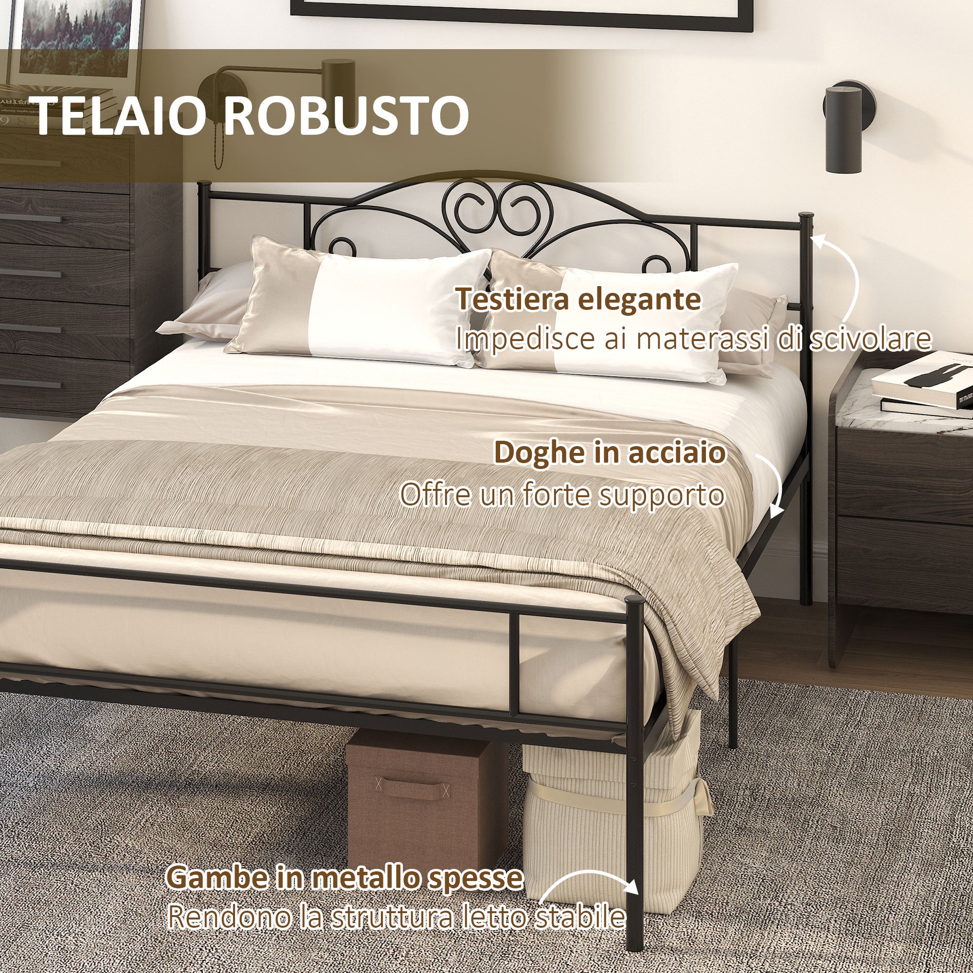 Steel Double Bed Frame 160x200cm with Integrated Slats, Headboard and Footboard, Underbed Storage, Black