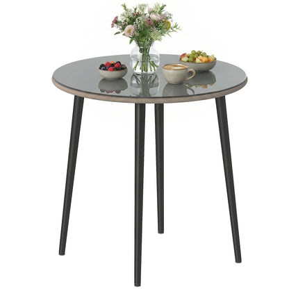 Round Garden Dining Table, Outdoor Patio Table 31.5 x 31.5 x 29.1 in, Tempered Glass Top with Rattan Edge, Steel Frame, 110 lb Capacity, for Patio & Balcony, Gray