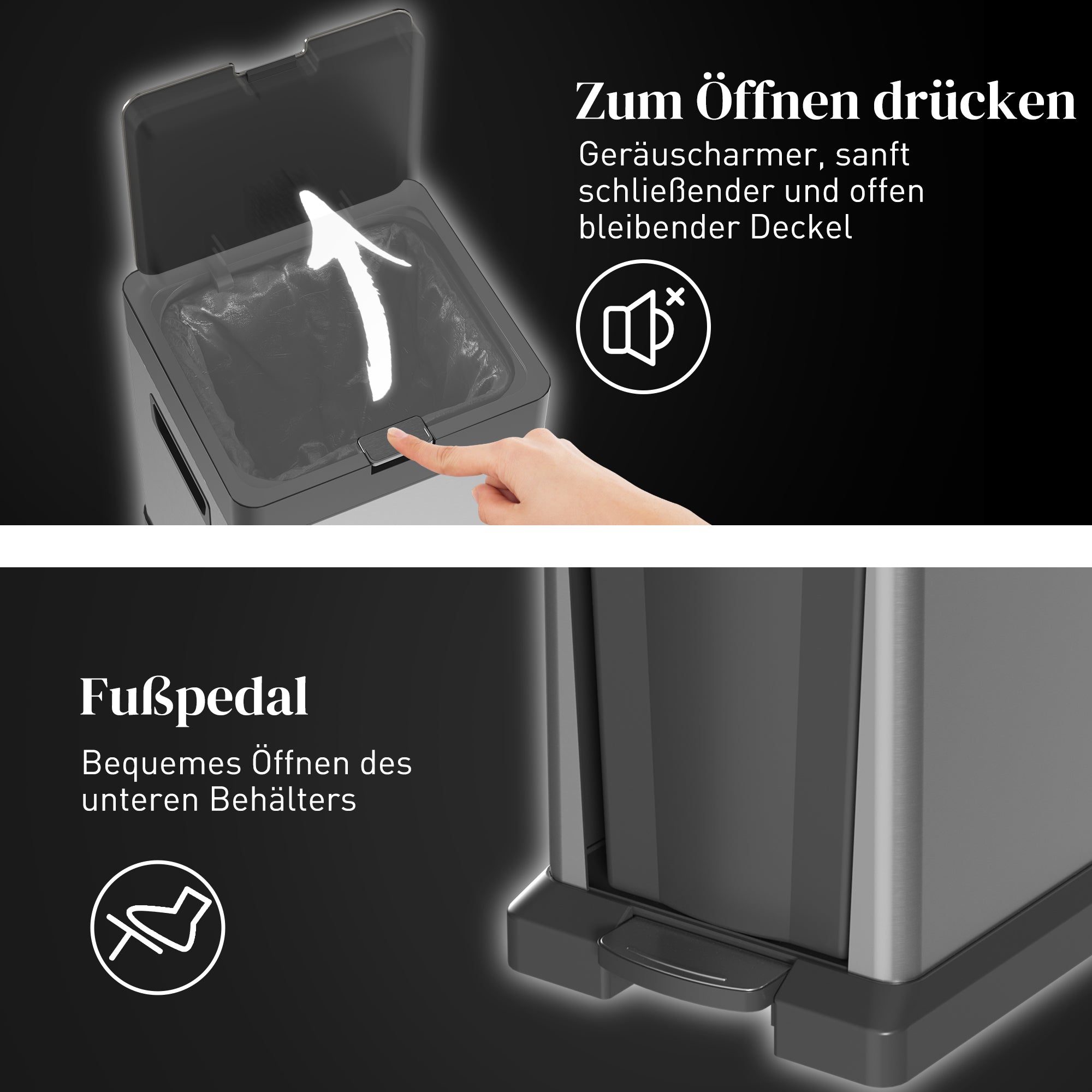 Dual-Compartment Trash Can 20L+14L — Stainless Steel Pedal Bin with Soft-Close Lid & Removable Inner Buckets, Silver (12.8 x 12.4 x 30.7 in)