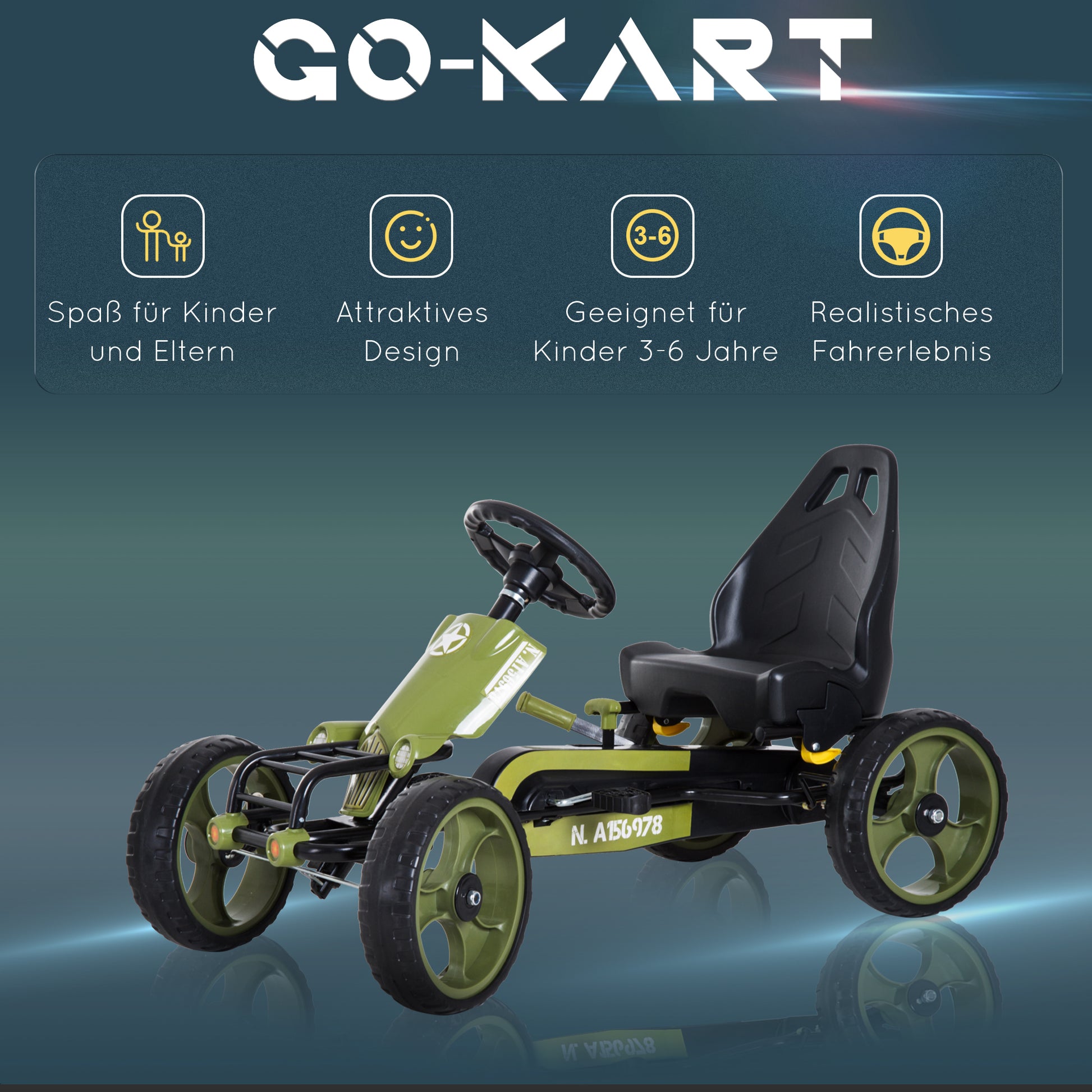 Go Kart Pedal Car with Hand Brake Children's Vehicle Kettcar Pedal Car with Adjustable Seat from 3 Years Green 105 x 54 x 61cm