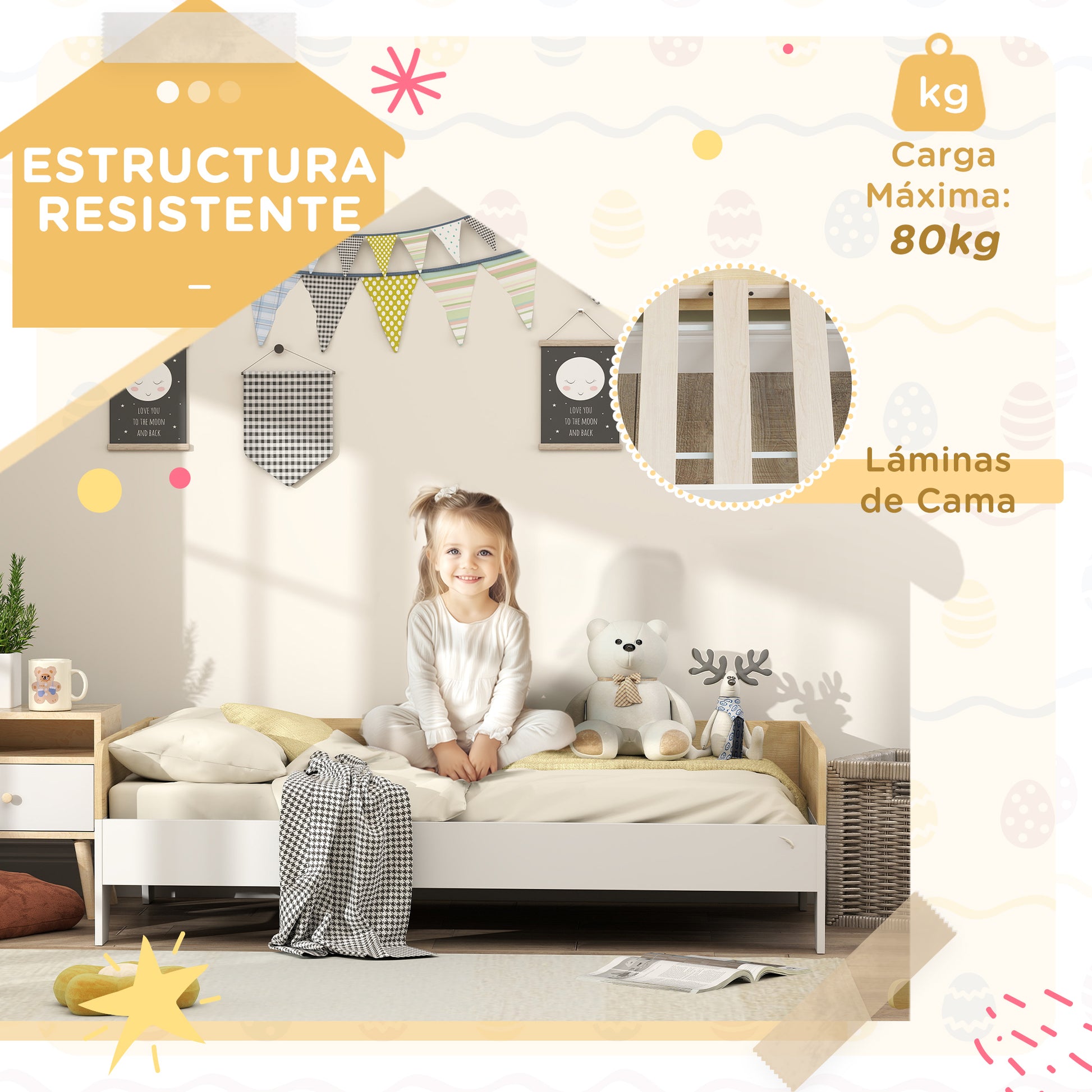 Children's Bed for +3 Years Old 140x70 cm Wooden Children's Bed Load 80 kg for Bedroom White and Natural
