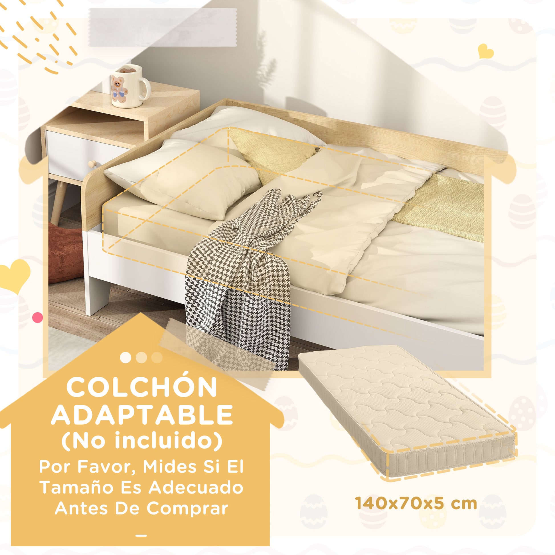 Children's Bed for +3 Years Old 140x70 cm Wooden Children's Bed Load 80 kg for Bedroom White and Natural