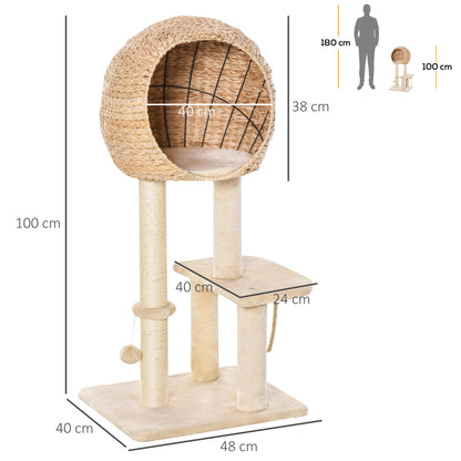100 cm Cat Tree with Cave, Play Ball, Sisal Posts, Platform, Multi-Level Cat Scratching Tree, Climbing Tree, for Medium-Sized Cats, Beige