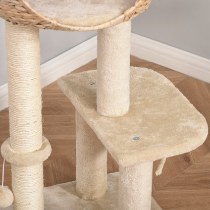 100 cm Cat Tree with Cave, Play Ball, Sisal Posts, Platform, Multi-Level Cat Scratching Tree, Climbing Tree, for Medium-Sized Cats, Beige