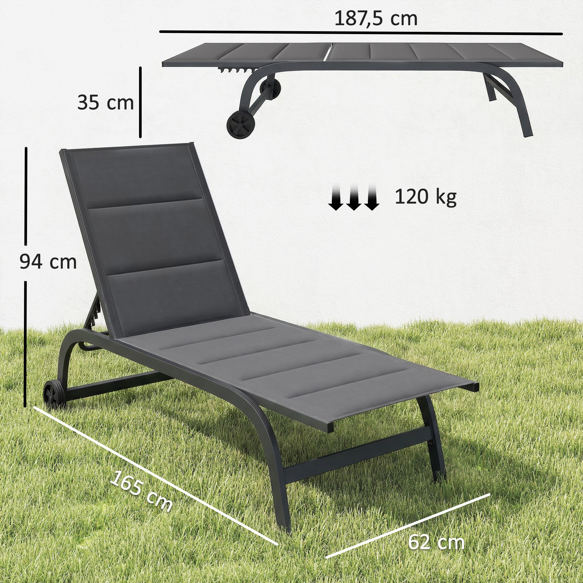 Aluminum Sun Lounger, 6-Position Adjustable Backrest with Wheels, 560 g/m² Textilene & Built-In Padding, Rust-Resistant Recliner for Patio, Pool, Garden, Beach — Dark Gray