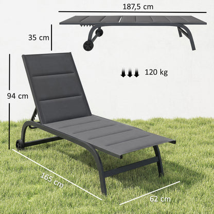 Aluminum Sun Lounger, 6-Position Adjustable Backrest with Wheels, 560 g/m² Textilene & Built-In Padding, Rust-Resistant Recliner for Patio, Pool, Garden, Beach — Dark Gray
