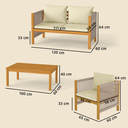 4-Piece Acacia Wood Outdoor Patio Set for 4 — 2-Seater Sofa, 2 Armchairs & Coffee Table, Rope-Weave Slat Design, Washable Cushions, Beige