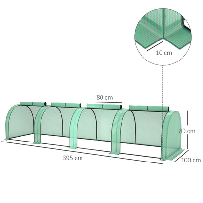 Mini Garden Greenhouse mini tunnel greenhouse tomato greenhouse 4 x 1 x 0.8 m Steel High-density PE 140 g/m² Anti-UV 4 doors with Roll-up Zip Green