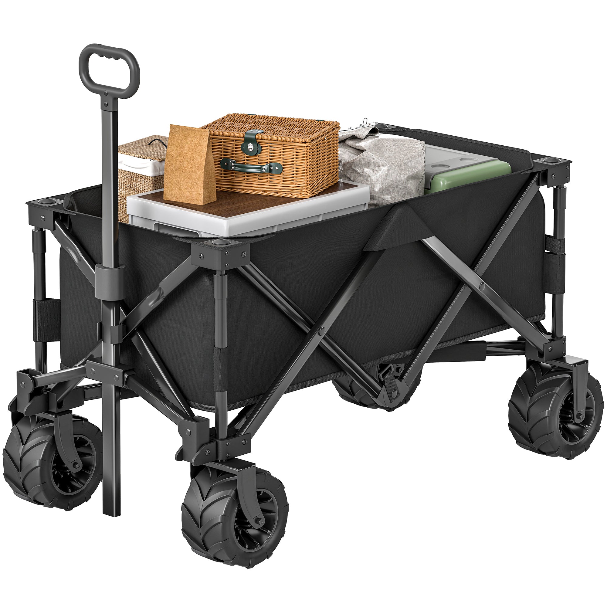 Large Wheeled Beach Cart with Brake, Foldable Garden Cart with Adjustable Handle Height, 360° Swivel Wheels, for Terrace, Patio, Camping, Outdoor Shopping, Black