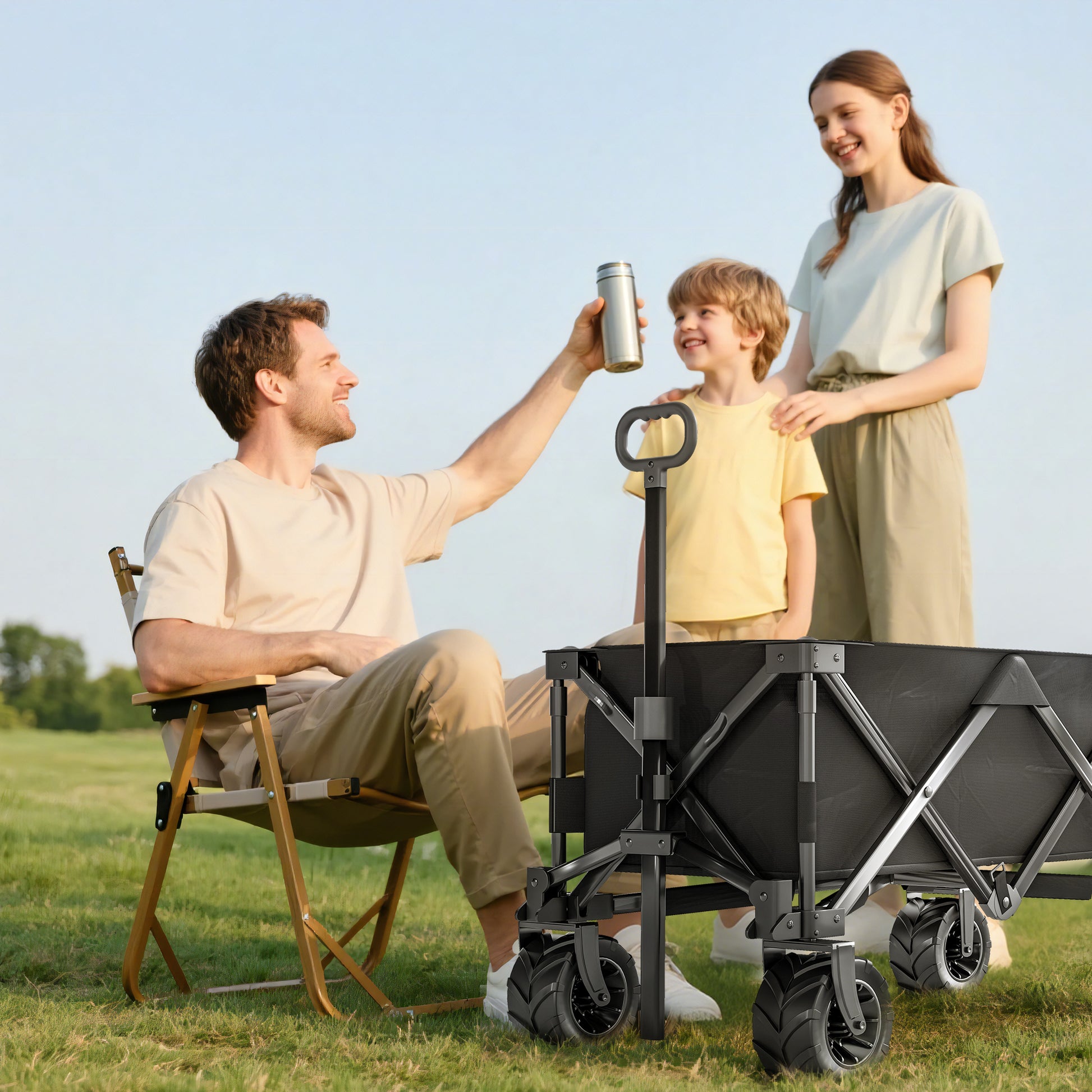 Large Wheeled Beach Cart with Brake, Foldable Garden Cart with Adjustable Handle Height, 360° Swivel Wheels, for Terrace, Patio, Camping, Outdoor Shopping, Black