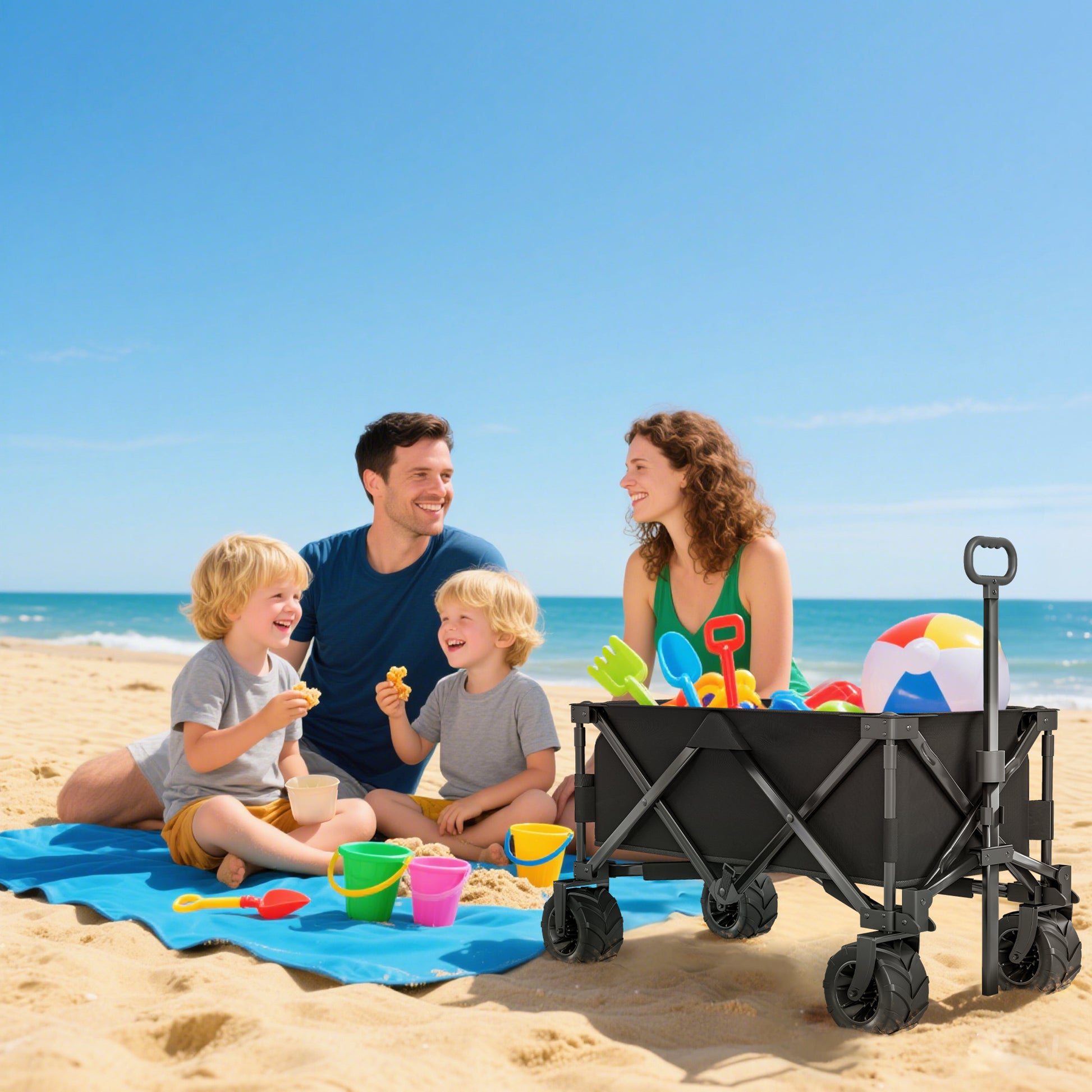 Large Wheeled Beach Cart with Brake, Foldable Garden Cart with Adjustable Handle Height, 360° Swivel Wheels, for Terrace, Patio, Camping, Outdoor Shopping, Black