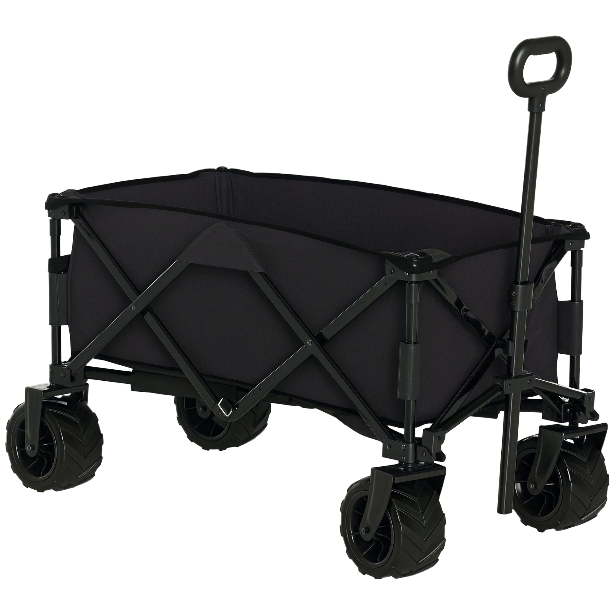 Large Wheeled Beach Cart with Brake, Foldable Garden Cart with Adjustable Handle Height, 360° Swivel Wheels, for Terrace, Patio, Camping, Outdoor Shopping, Black